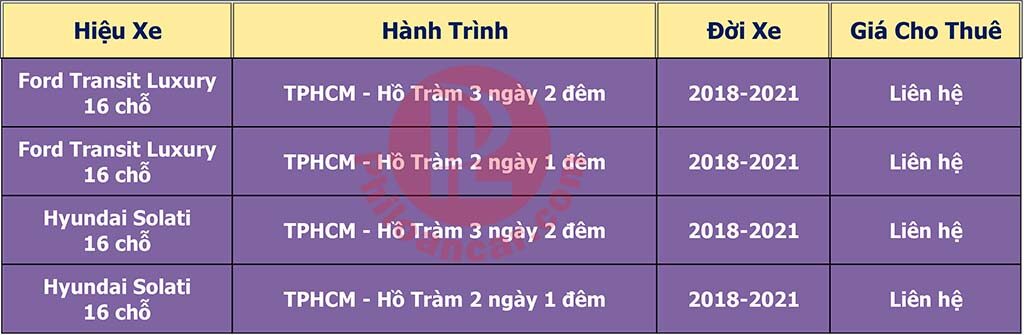 Bảng giá thuê xe 16 chỗ đời mới đi Hồ Tràm Bảng giá thuê xe 16 chỗ đời mới đi Hồ Tràm